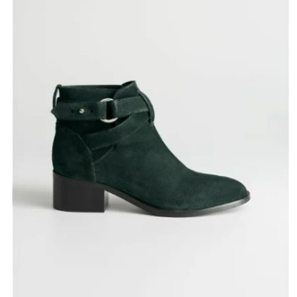 & Other Stories Chelsea Heeled Suede Ankle Leather Boots Esmerald‎ Green Size 9 - Picture 2 of 15